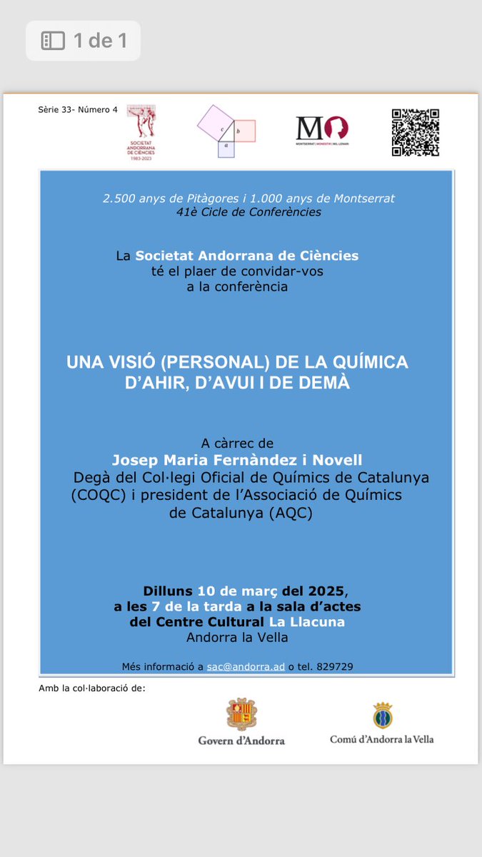 SAC (@saciencies) on Twitter photo Us convidem a la conferència ‘Una visió (personal) de la química d'ahir, d'avui i de demà’ a càrrec de Josep M. Fernàndez Novell.
🗓️10/03/25
🕗19.00h
📍la Llacuna
Amb <a href="/AndorraCapital/">Andorra la Vella</a> <a href="/GovernAndorra/">Govern d'Andorra</a>
<a href="/AgendaAD/">AgendaAD</a> Us convidem a la conferència ‘Una visió (personal) de la química d'ahir, d'avui i de demà’ a càrrec de Josep M. Fernàndez Novell.
🗓️10/03/25
🕗19.00h
📍la Llacuna
Amb <a href="/AndorraCapital/">Andorra la Vella</a> <a href="/GovernAndorra/">Govern d'Andorra</a>
<a href="/AgendaAD/">AgendaAD</a>