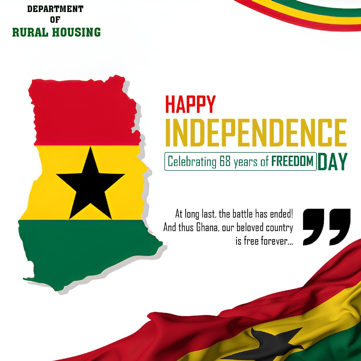 On this Independence Day  🇬🇭🎉, the Department of Rural Housing 🏡 celebrates the spirit of freedom and resilience that defines our nation. As we honor Ghana’s journey, we reaffirm our commitment to building sustainable, thriving rural communities 🇬🇭🧱❤️