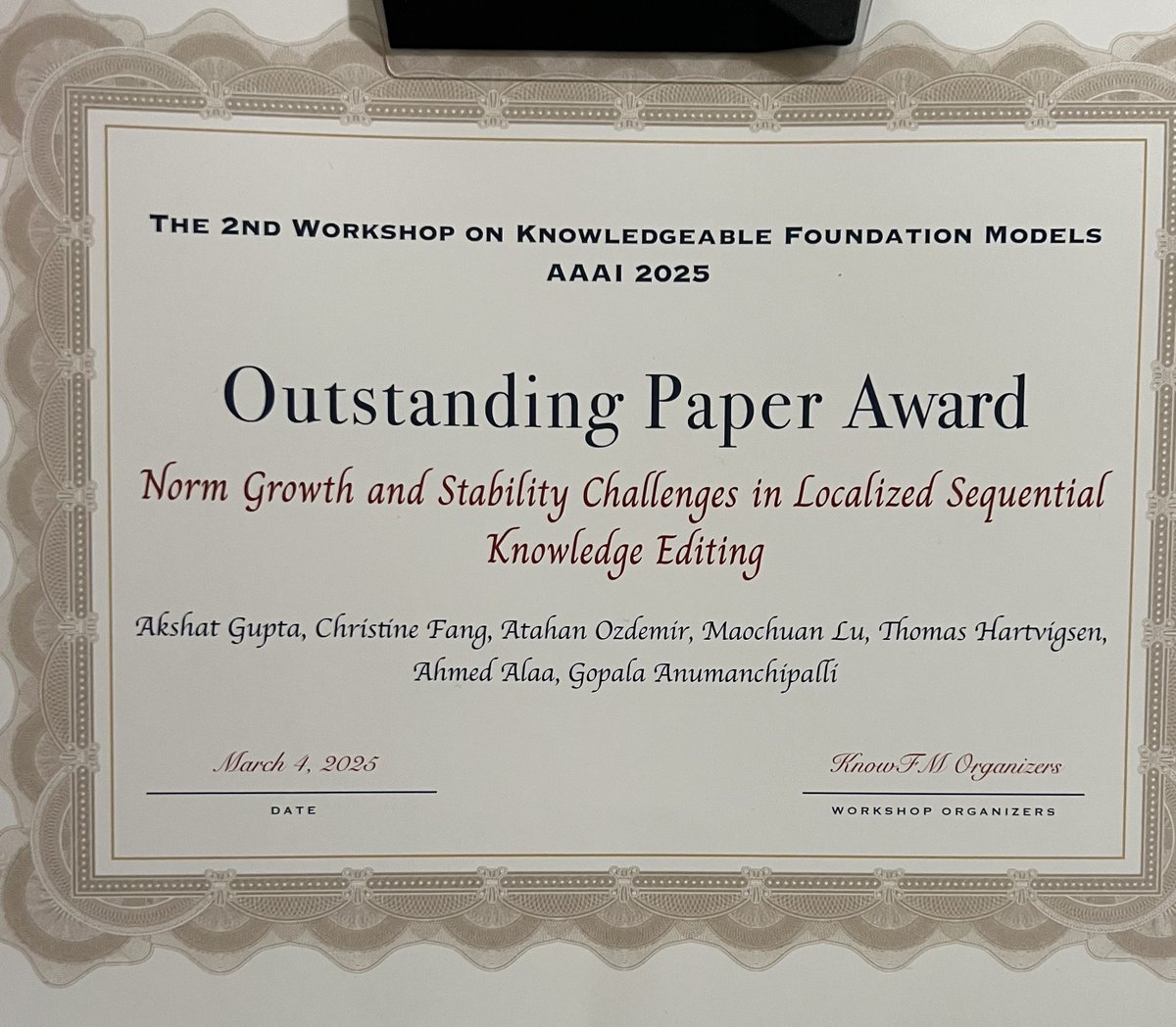 Akshat Gupta (@akshatgupta57) on Twitter photo Our work on knowledge editing got an "Outstanding Paper Award"🏆🏆 at the <a href="/RealAAAI/">AAAI</a> KnowFM Workshop!! #AAAI2025 🥳🥳🥳
Congratulations to my amazing co-authors <a href="/tom_hartvigsen/">Tom Hartvigsen</a> <a href="/_ahmedmalaa/">Ahmed Alaa</a> <a href="/GopalaSpeech/">Gopala Anumanchipalli</a> Our work on knowledge editing got an "Outstanding Paper Award"🏆🏆 at the <a href="/RealAAAI/">AAAI</a> KnowFM Workshop!! #AAAI2025 🥳🥳🥳
Congratulations to my amazing co-authors <a href="/tom_hartvigsen/">Tom Hartvigsen</a> <a href="/_ahmedmalaa/">Ahmed Alaa</a> <a href="/GopalaSpeech/">Gopala Anumanchipalli</a>