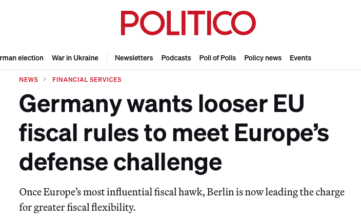 heimbergecon's tweet photo. Germany urges EU to ease fiscal rules to boost defense spending.

How different things suddenly look in the country of "other governments have to do their homework instead of  constantly demanding new government spending leeway" when it comes to its own military spending. https://t.co/92043QFbWj