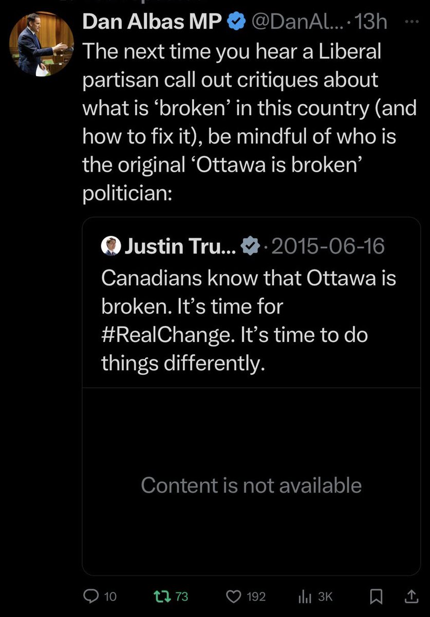 MikesUsername77's tweet image. Today @JustinTrudeau took down a video from 2015 where he went on a tirade about how Canada is a broken country. 

Shortly after @DanAlbas posted it, citing that Trudeau was the “original Ottawa is broken” politician, Trudeau quickly removed the source video from his timeline.