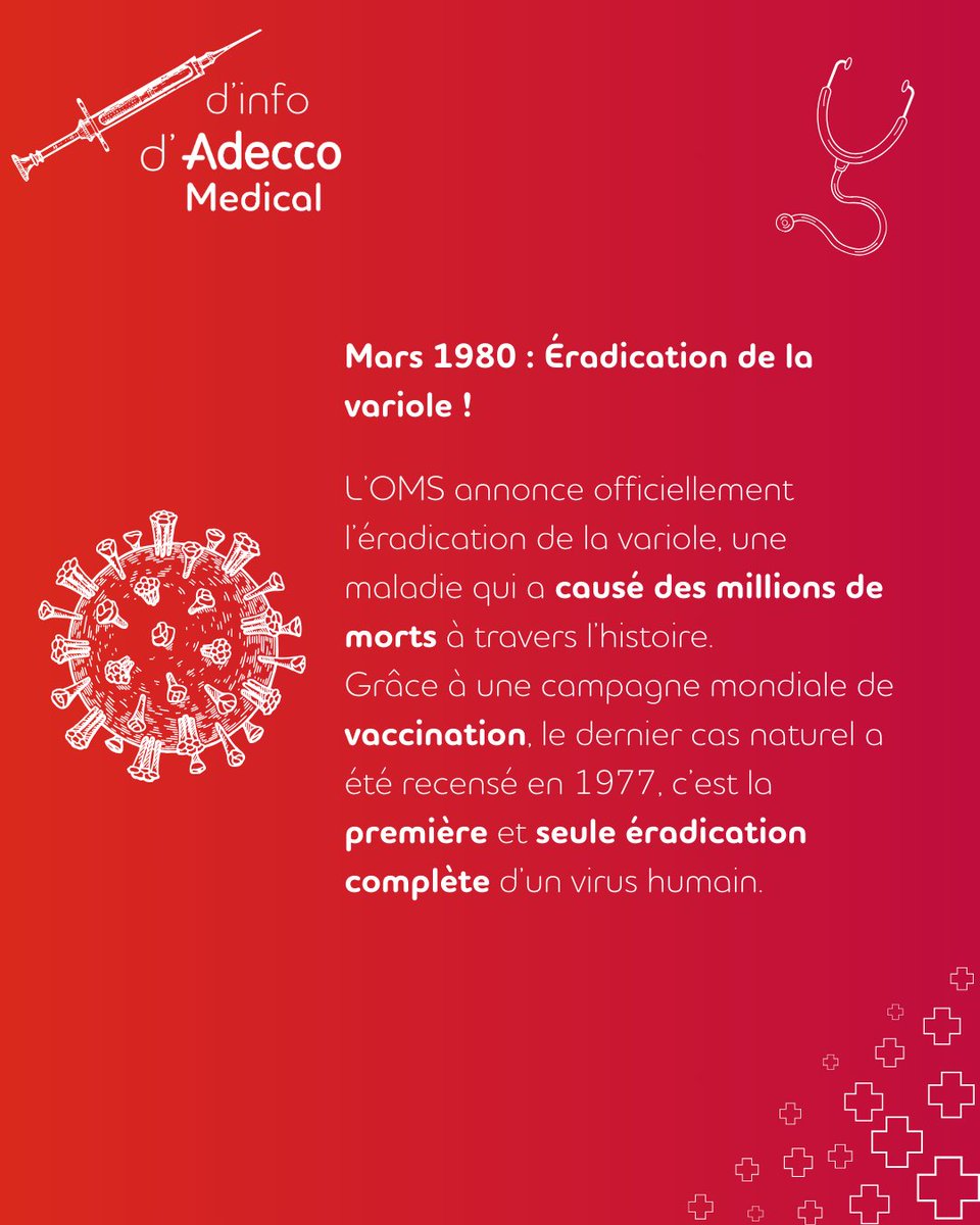 Le 1er mars 1980, l'OMS annonçait l'éradication de la variole, une victoire pour la santé publique ! 💉🌍
Chez Adecco Medical, nous soutenons cette cause avec des solutions pour les établissements de santé. 📞 Plus d'infos ici : bit.ly/41HFWsw