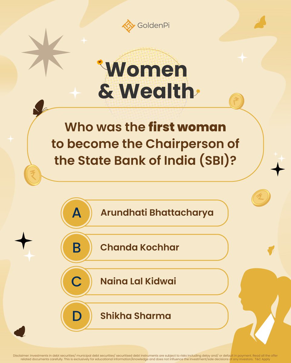 Women&amp;Wealth Giveaway Day 1! 💰💪  

She shattered barriers &amp; made history at India’s largest bank! Know who she is? Comment your answer &amp; win Amazon vouchers up to ₹5000! 🎁✨  

Tag your girl gang for brownie points &amp; reshare! 🔁  

#WomenInFinance #WomensDay