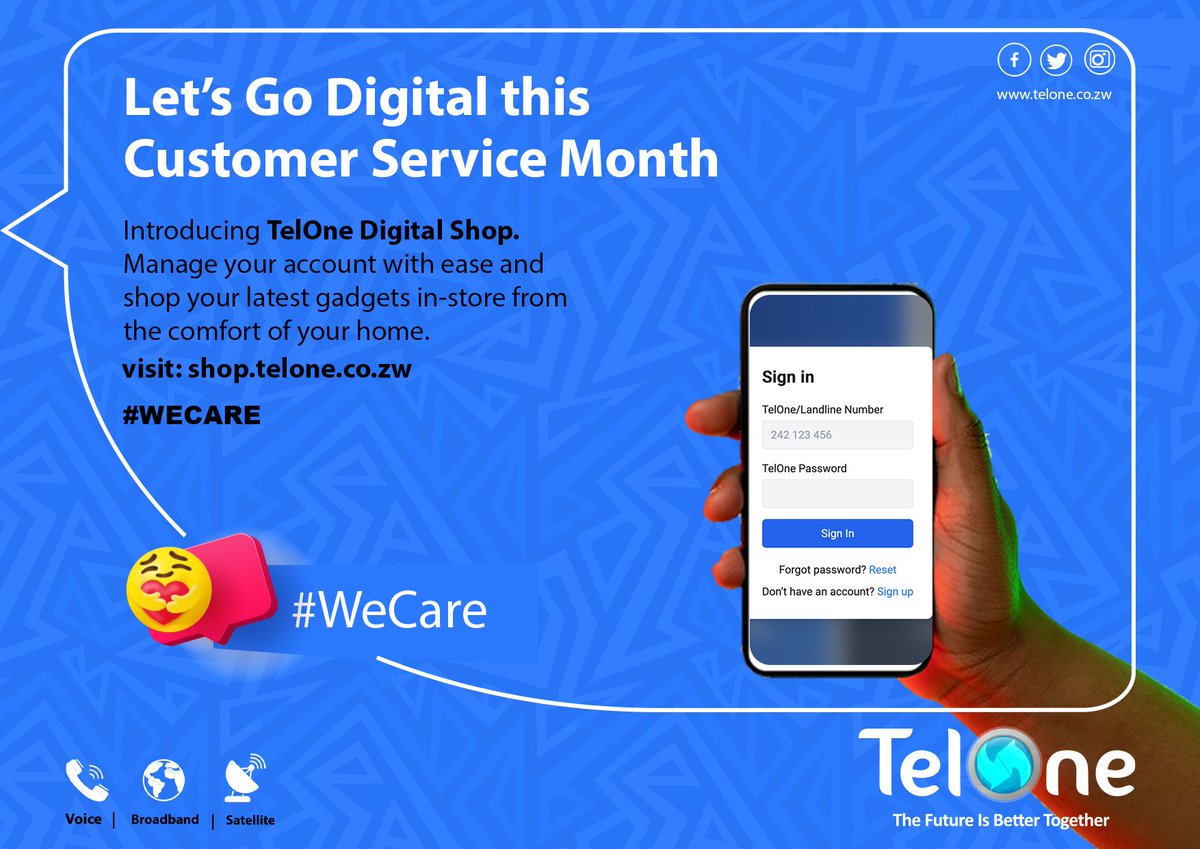 TelOneZW's tweet photo. Let’s Go Digital this Customer Service Month
Introducing TelOne Digital Shop. Manage your account with ease and shop your latest gadgets in-store from the comfort of your home.
Visit: https://t.co/xKIiANgSwp
#WECARE https://t.co/ZysReuRMbV