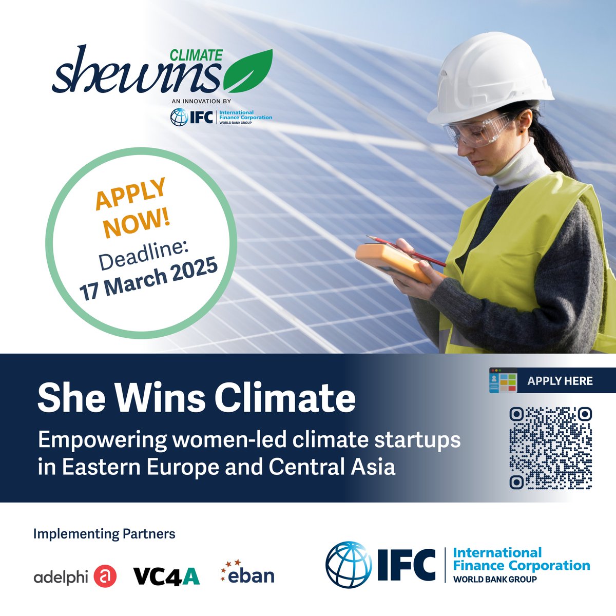 🚀 Applications are OPEN for #SheWinsClimate 2025 across Eastern Europe and Central Asia! Are you a woman-led startup tackling climate challenges? Join now to access:
🗓 Apply by March 17, 2025: vc4a.com/ifc/she-wins-c…
Supported by <a href="/IFC_org/">IFC</a> <a href="/VC4A_Africa/">VC4A</a> <a href="/adelphi_berlin/">adelphi 🌐</a> <a href="/EBAN_org/">EBAN</a>