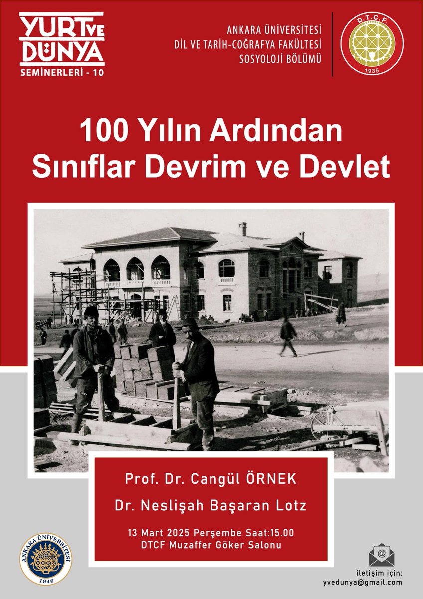 Dtcf Sosyoloji yurt ve dünya seminerleri kapsamında <a href="/CangulOrnek/">Cangül Örnek</a> ve <a href="/neslisahbasaran/">Neslişah Başaran</a> ‘ı konuk ediyoruz. “Cumhuriyet tarihine sınıf perspektifinden bakmak” üzerine konuşacağız. İlgilenenleri bekleriz.  
<a href="/audtcfsosyoloji/">dtcfsosyoloji_resmi</a>