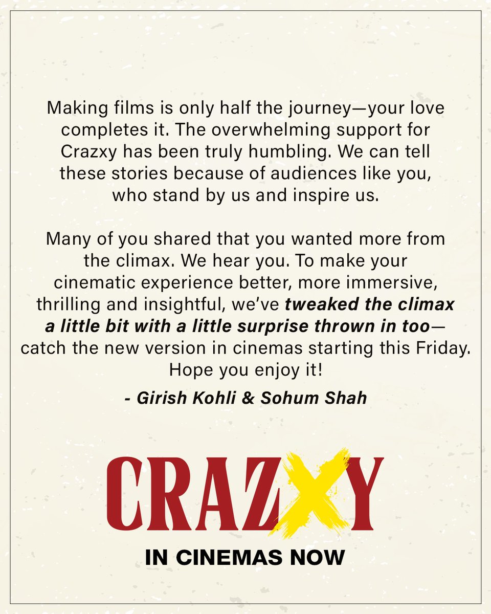 We hear you😇🤩

Buy One and Get One ticket Free only on Book My Show until this weekend!
Use code: CRAZXY 

Book tickets.   
🔗 - bit.ly/Crazxy_BookYou…

In cinemas now. 

<a href="/s0humshah/">Sohum Shah</a>, #GirishKohli, #MukeshShah, #AmitaSureshShah, #AdeshPrasad, #AnkitJain