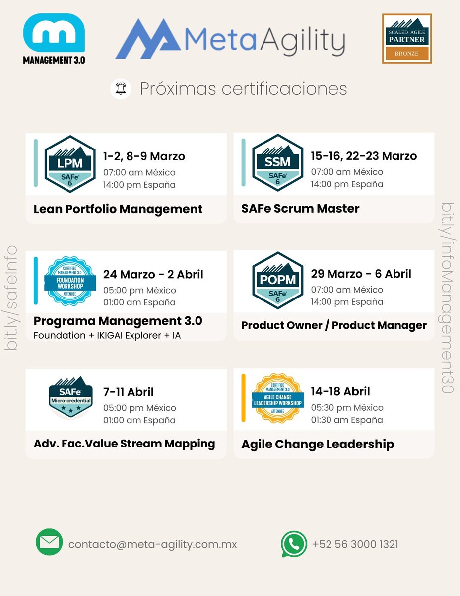 itcollaborative's tweet image. Cono nuestra agenda de formación de #ScaledAgile, #Management30 y #AgileHR

Si estás interesado déjanos un mensaje o regístrate en las siguientes direcciones:

🌐 bit.ly/safeInfo
🌐 bit.ly/infoManagement…
🌐 meta-agility.com.mx