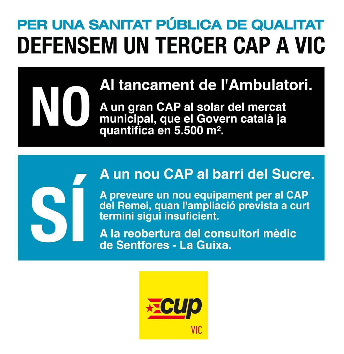 🏥 Aquest matí es debat sobre el 3r CAP de #Vic, el tancament de l'Ambulatori i la reobertura del consultori de #Sentfores-#LaGuixa al Parlament!
La nostra proposta: vic.cup.cat/sites/default/…
📺 Podeu seguir-ho en directe aquí, a partir de les 9:30 h: parlament.cat/ext/f?p=700:1 #Osona