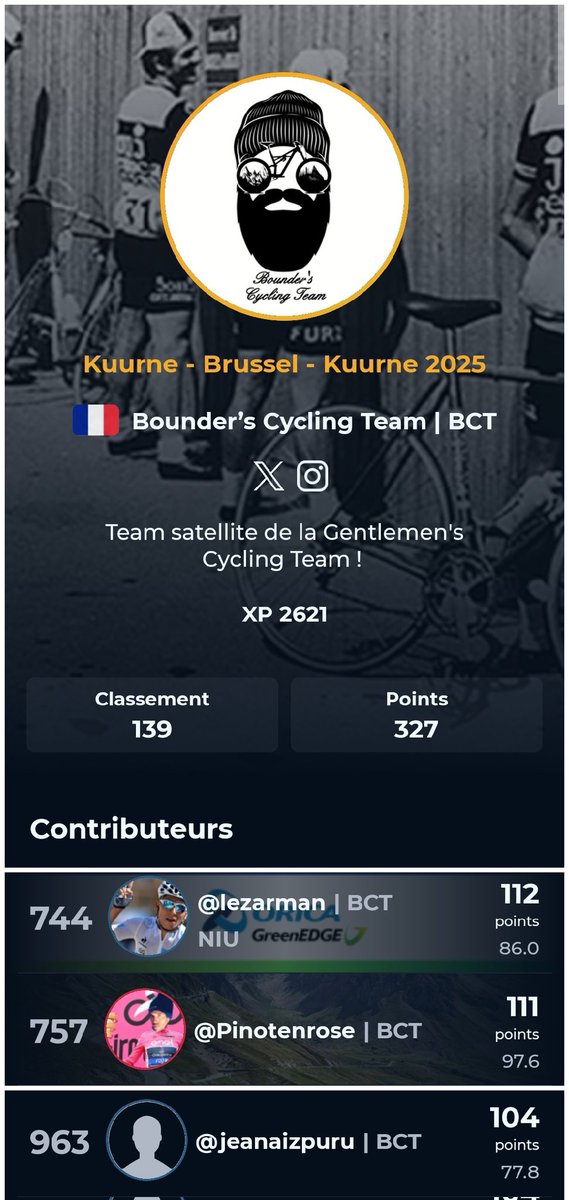 Gentlemen's/Bounder's Cycling Team (@gentlemansct) on Twitter photo Résultats du <a href="/KuurneBxlKuurne/">KuurneBrusselKuurne</a> sur <a href="/AppCycling/">Cycling Fantasy App</a>
Course 1. Pro ♂️
Presque un top 30 pour la GCT
Plus compliqué pour la BCT
GCT : 32eme
🥇 <a href="/donfrechet/">frequito</a>
🥈 #HadriLabo
🥉 <a href="/NavarroRaphaa/">Navarro Raphael</a>
BCT : 139eme
🥇 <a href="/CoM_46_/">Lezar🇫🇷</a>
🥈 <a href="/Jmelo971/">Mika</a>
🥉 <a href="/aizpuru_je32336/">j</a> Résultats du <a href="/KuurneBxlKuurne/">KuurneBrusselKuurne</a> sur <a href="/AppCycling/">Cycling Fantasy App</a>
Course 1. Pro ♂️
Presque un top 30 pour la GCT
Plus compliqué pour la BCT
GCT : 32eme
🥇 <a href="/donfrechet/">frequito</a>
🥈 #HadriLabo
🥉 <a href="/NavarroRaphaa/">Navarro Raphael</a>
BCT : 139eme
🥇 <a href="/CoM_46_/">Lezar🇫🇷</a>
🥈 <a href="/Jmelo971/">Mika</a>
🥉 <a href="/aizpuru_je32336/">j</a>