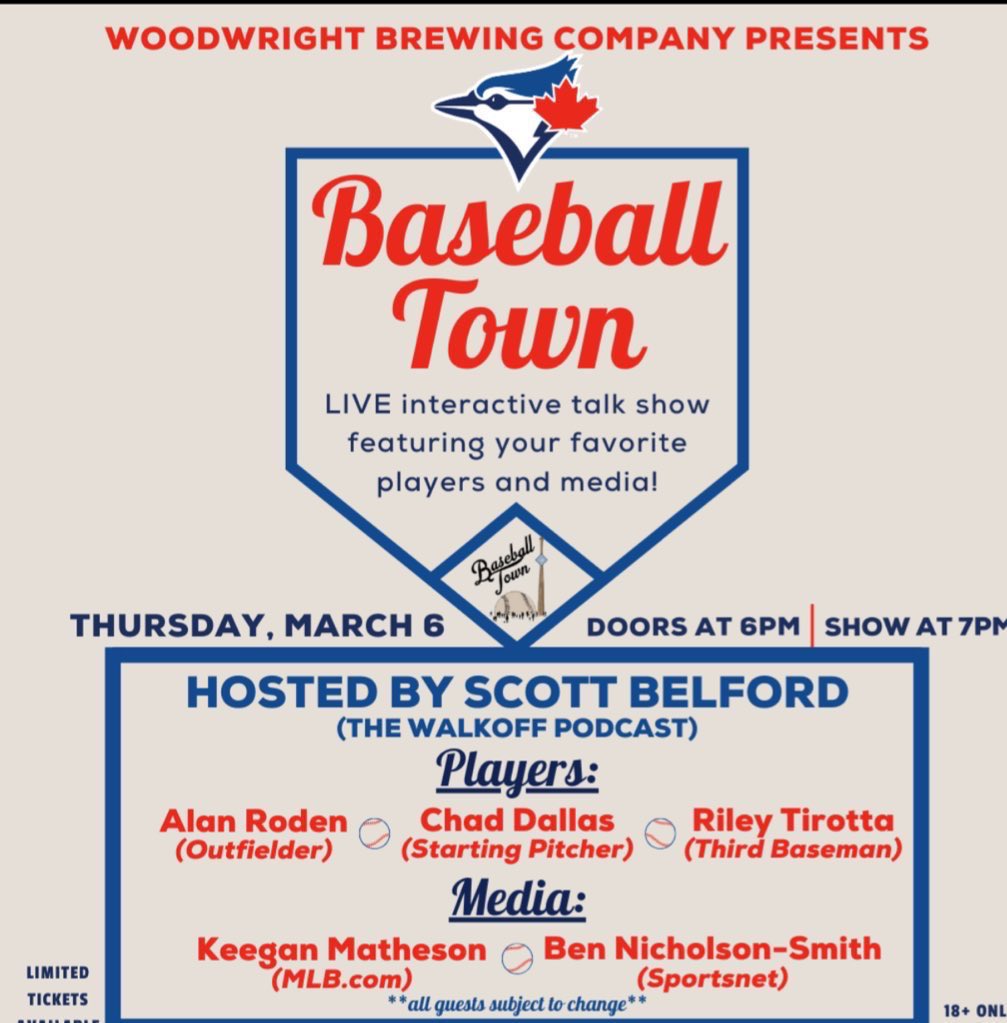 BASEBALL TOWN DUNEDIN IS TODAY!!!

Starts at 7 at Woodwright Brewing.  We have Keegs &amp; BNS talking Jays.  We have our player panel of Roden, Tirotta &amp; Dallas. AND BASEBALL JOKES FOR ALL

commerce.arryved.com/location/Bfuga…