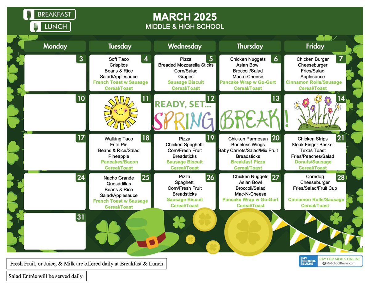 The March 2025 QISD school lunch menus.