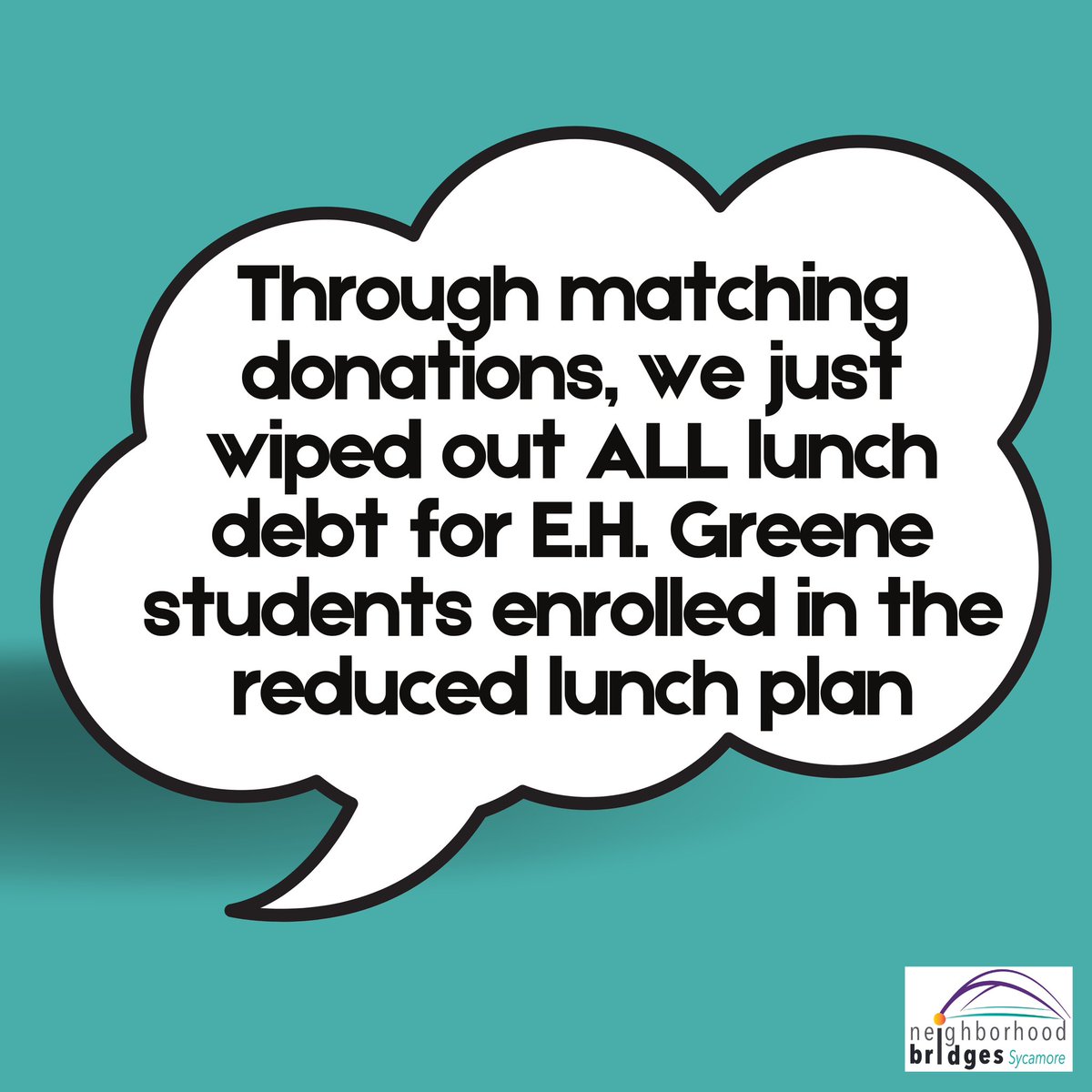 Need proof that kindness is contagious? On Monday, Spice Spice Baby wiped out lunch debt for 10 Sycamore JH students. After this announcement, we received MATCHING DONATIONS that cleared ALL DEBT for students enrolled in the reduced lunch program at Greene! Our 💕 are full.