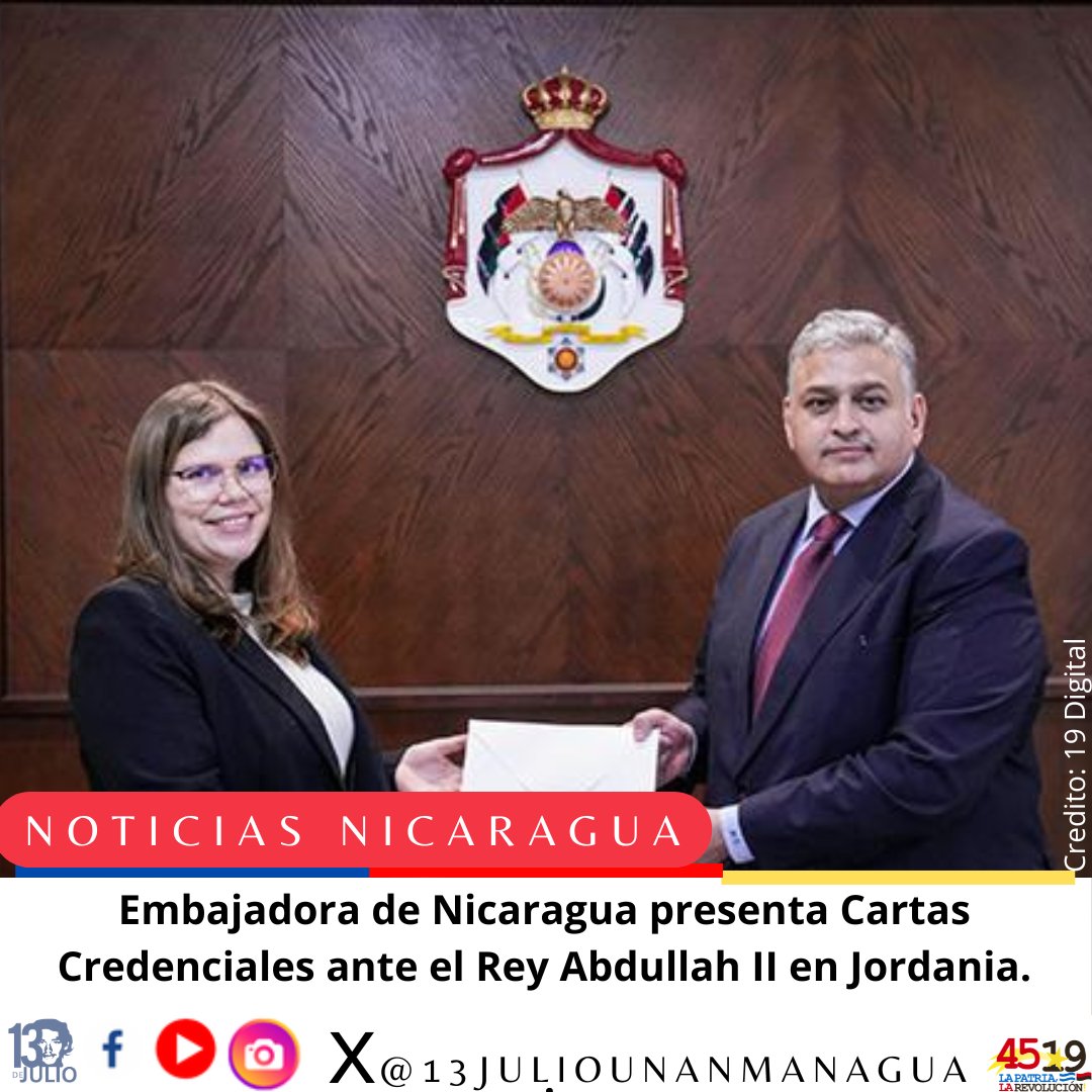 La Embajadora de Nicaragua, Tatiana García Silva, presentó sus Cartas Credenciales ante el Rey Abdullah II de Jordania, acreditándola como Embajadora Extraordinaria y Plenipotenciaria ante Jordania y Turquía.
👊🇳🇮❤️🖤
 #NicaraguaEnRevolución
 #4619SiempreMásAllá
 #SomosUNAN