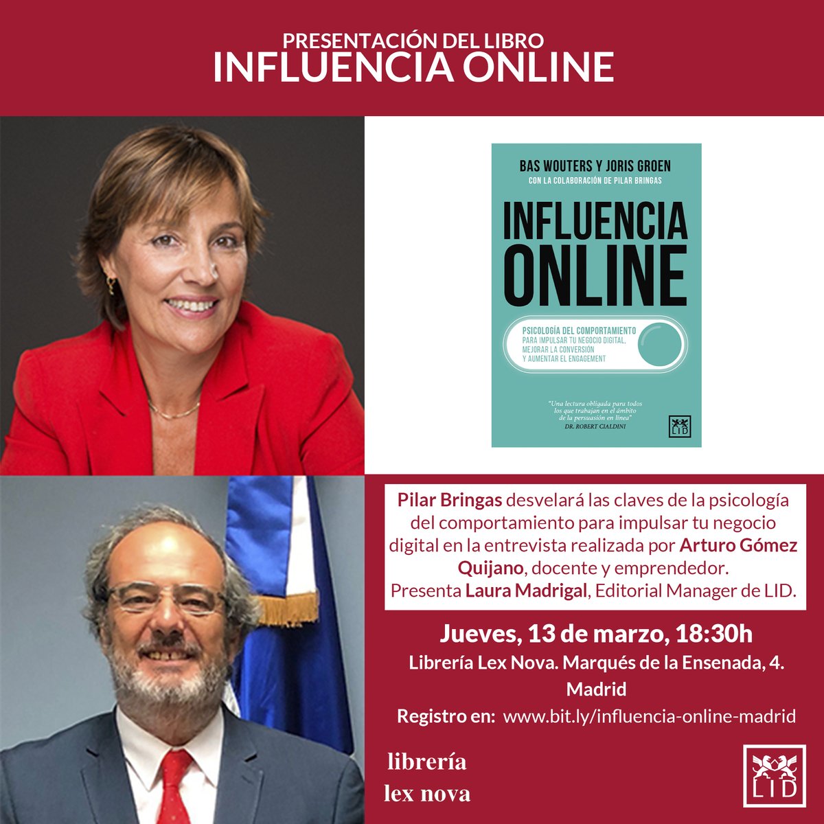 LID Editorial (@lideditorial) on Twitter photo ¡Recuerda! El próximo jueves, 13 de marzo, presentamos #InfluenciaOnline
Las claves de la #psicología del comportamiento para impulsar tu #negociodigital, la #conversión y el #engagement en la presentación del #libro de <a href="/PilarBringas/">MarketingEnPositivo</a>
Regístrate 👉 bit.ly/influencia-onl… ¡Recuerda! El próximo jueves, 13 de marzo, presentamos #InfluenciaOnline
Las claves de la #psicología del comportamiento para impulsar tu #negociodigital, la #conversión y el #engagement en la presentación del #libro de <a href="/PilarBringas/">MarketingEnPositivo</a>
Regístrate 👉 bit.ly/influencia-onl…