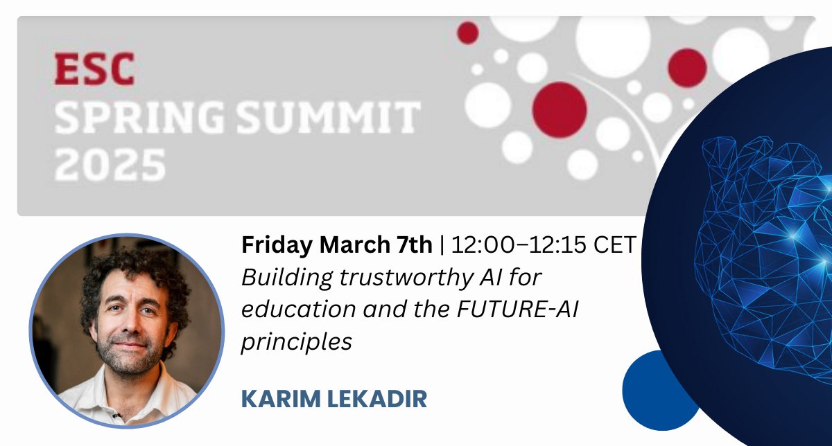 Karim Lekadir (@karimlekadir) on Twitter photo Excited to speak at ๐๐๐ ๐๐ฉ๐ซ๐ข๐ง๐ ๐๐ฎ๐ฆ๐ฆ๐ข๐ญ ๐๐๐๐! Iโll discuss trustworthy AI in education & how the FUTURE-AI principles can shape the future of cardiology.
๐
March 7 | 12:00 CET
๐ European Heart House, France
#ESC2025 #AI #Cardiology #FUTUREAI <a href="/escardio/">European Society of Cardiology</a> Excited to speak at ๐๐๐ ๐๐ฉ๐ซ๐ข๐ง๐ ๐๐ฎ๐ฆ๐ฆ๐ข๐ญ ๐๐๐๐! Iโll discuss trustworthy AI in education & how the FUTURE-AI principles can shape the future of cardiology.
๐
March 7 | 12:00 CET
๐ European Heart House, France
#ESC2025 #AI #Cardiology #FUTUREAI <a href="/escardio/">European Society of Cardiology</a>