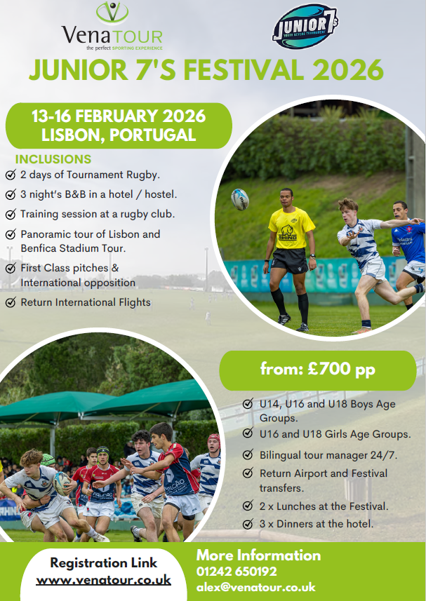 🚨 Exciting Opportunity for Junior Rugby Players 🚨

Don't miss the Junior 7's Festival 2026 in the vibrant city of Lisbon, Portugal! 

📲 Secure your spot now!
👉 Register via: lnkd.in/e5dbW2zn
📞 For more details, call us on: 01242 650192 or email alex@venatour.co.uk