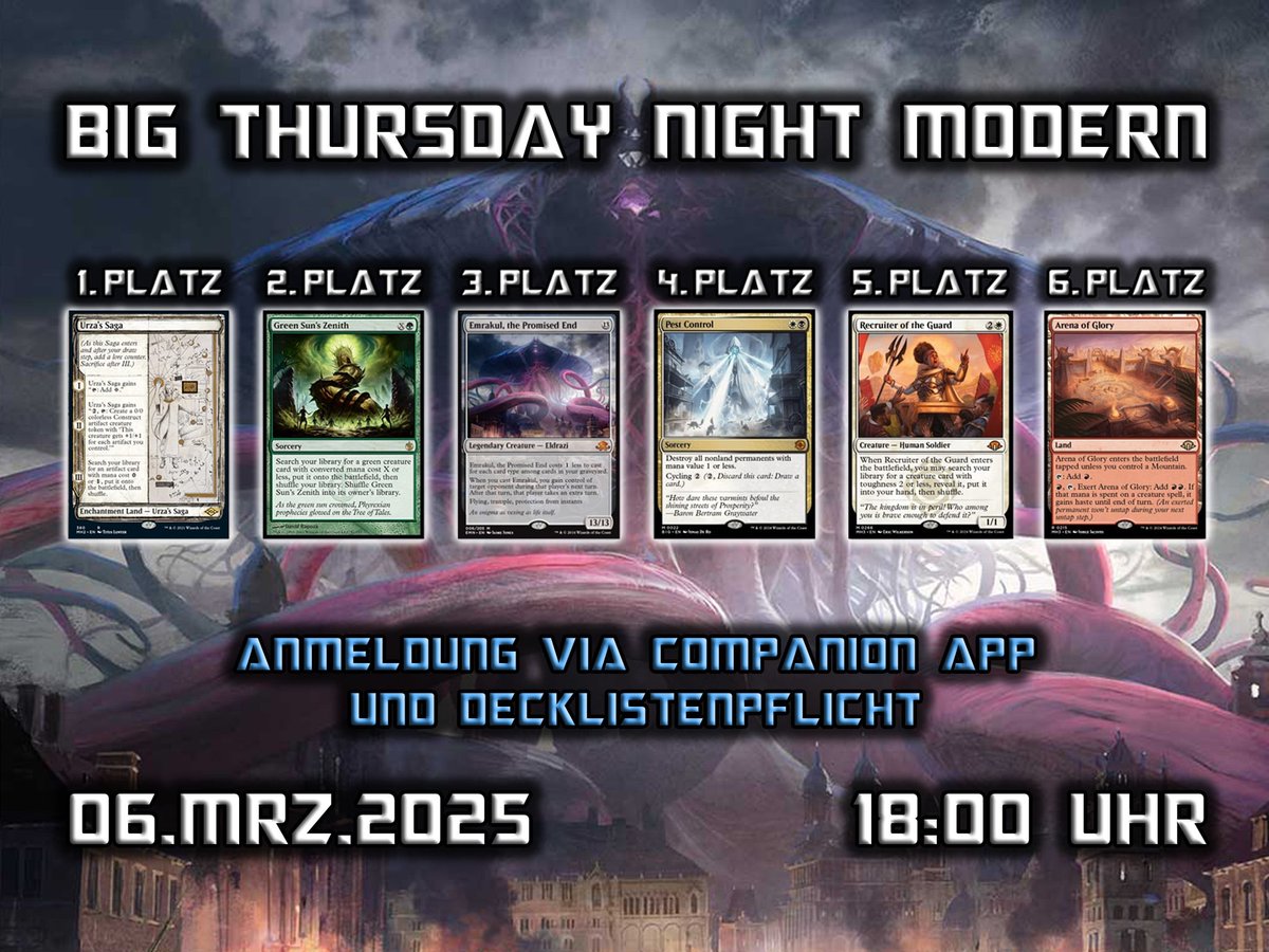 Heute um 18:00 Uhr ist es endlich so weit: Unser Big Thursday Night Modern Event steht an! Gewinne tolle Preise und sichere dir zusätzliche Liga-Punkte durch den speziellen Modifier. Sei dabei!