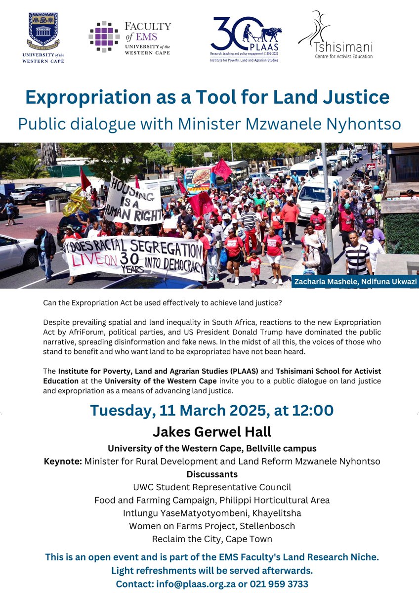 Ruth Hall (@ruthhallplaas) on Twitter photo 📢*#Expropriation as a Tool for #LandJustice*
Public dialogue with Minister of Land Reform & Rural Development <a href="/NyhontsoM/">President M. Nyhontso</a>, and students, workers, academics and activists.
🗓️11 March @ 12.00-14.00
Jakes Gerwel Hall <a href="/UWConline/">UWC</a>
Hosted by <a href="/PLAASuwc/">PLAAS</a> <a href="/Tshisimani/">Tshisimani</a>
Spread the news. 📢*#Expropriation as a Tool for #LandJustice*
Public dialogue with Minister of Land Reform & Rural Development <a href="/NyhontsoM/">President M. Nyhontso</a>, and students, workers, academics and activists.
🗓️11 March @ 12.00-14.00
Jakes Gerwel Hall <a href="/UWConline/">UWC</a>
Hosted by <a href="/PLAASuwc/">PLAAS</a> <a href="/Tshisimani/">Tshisimani</a>
Spread the news.