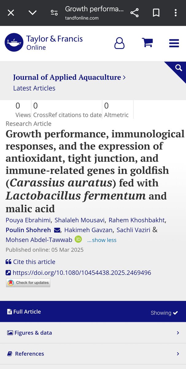 Growth performance, immunological responses, and the expression of antioxidant, tight junction, and immune-related genes in goldfish (Carassius auratus) fed with Lactobacillus fermentum and malic acid
Published : 05 Mar 2025
doi.org/10.1080/104544…

tandfonline.com/doi/full/10.10…