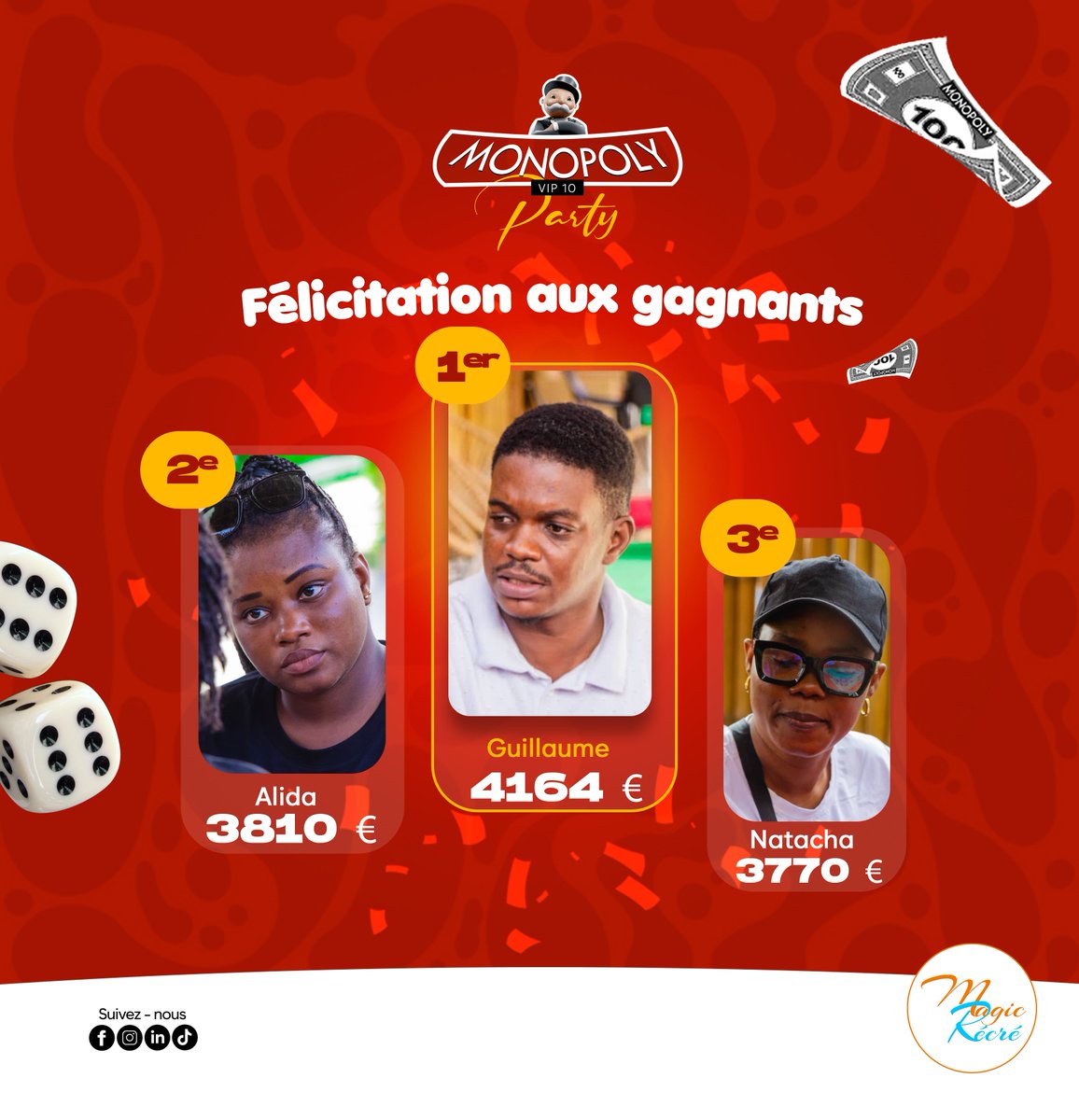 Félicitations à tous les gagnants de la Monopoly VIP Party ! 🎉 Votre stratégie, votre persévérance et votre talent ont payé. Continuez à dominer le monde (du Monopoly, bien sûr😜) ! 🏆💰
#monopoly #magicrecre #felicitation #gagnant