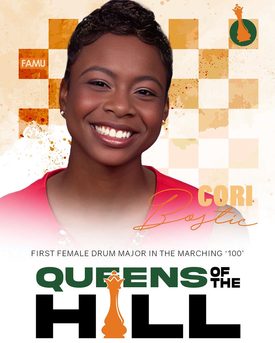 FAMU_1887's tweet photo. In honor of Women’s History Month, we are spotlighting female trailblazers in FAMU’s history.

Introducing our first #QueensOfTheHill feature, @themarching100’s FIRST female drum major, Cori Bostic.

Hold your crown high, Queen, and thank you for contributing to our rich history. https://t.co/RxecKPB0As