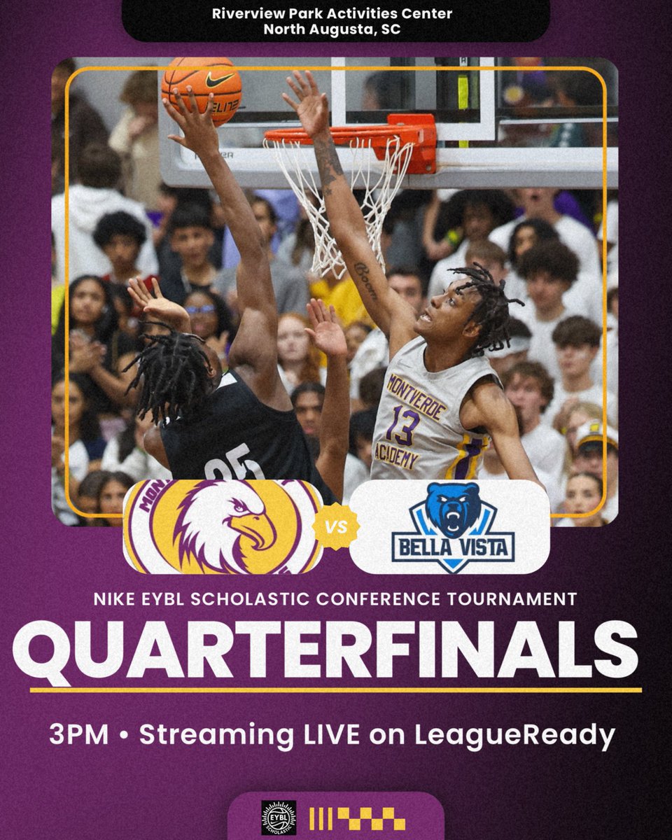 Montverde Academy Basketball (@mvabasketball) on Twitter photo QUARTERFINALS at the Nike EYBL Scholastic Conference Tournament ๐๏ธ
๐: CIA Bella Vista
โ๏ธ: 3 PM
๐: Riverview Park Activities Center, N Augusta, SC
๐ป: Streaming on <a href="/LeagueRDY/">League Ready</a> YouTube channel
Tune in ๐ QUARTERFINALS at the Nike EYBL Scholastic Conference Tournament ๐๏ธ
๐: CIA Bella Vista
โ๏ธ: 3 PM
๐: Riverview Park Activities Center, N Augusta, SC
๐ป: Streaming on <a href="/LeagueRDY/">League Ready</a> YouTube channel
Tune in ๐