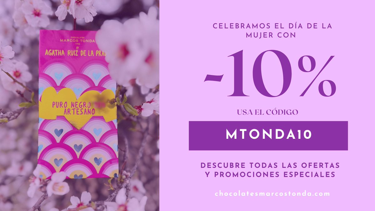 ✨ ¡Día de la Mujer con descuento especial! ✨

Usa el código MTONDA10 y disfruta de un 10% de descuento en tus compras online. 🎁💜

Descubre todas las novedades que tenemos para celebrar este día tan especial. ¡No te lo pierdas! ♀️🍫
#chocolatesmarcostonda