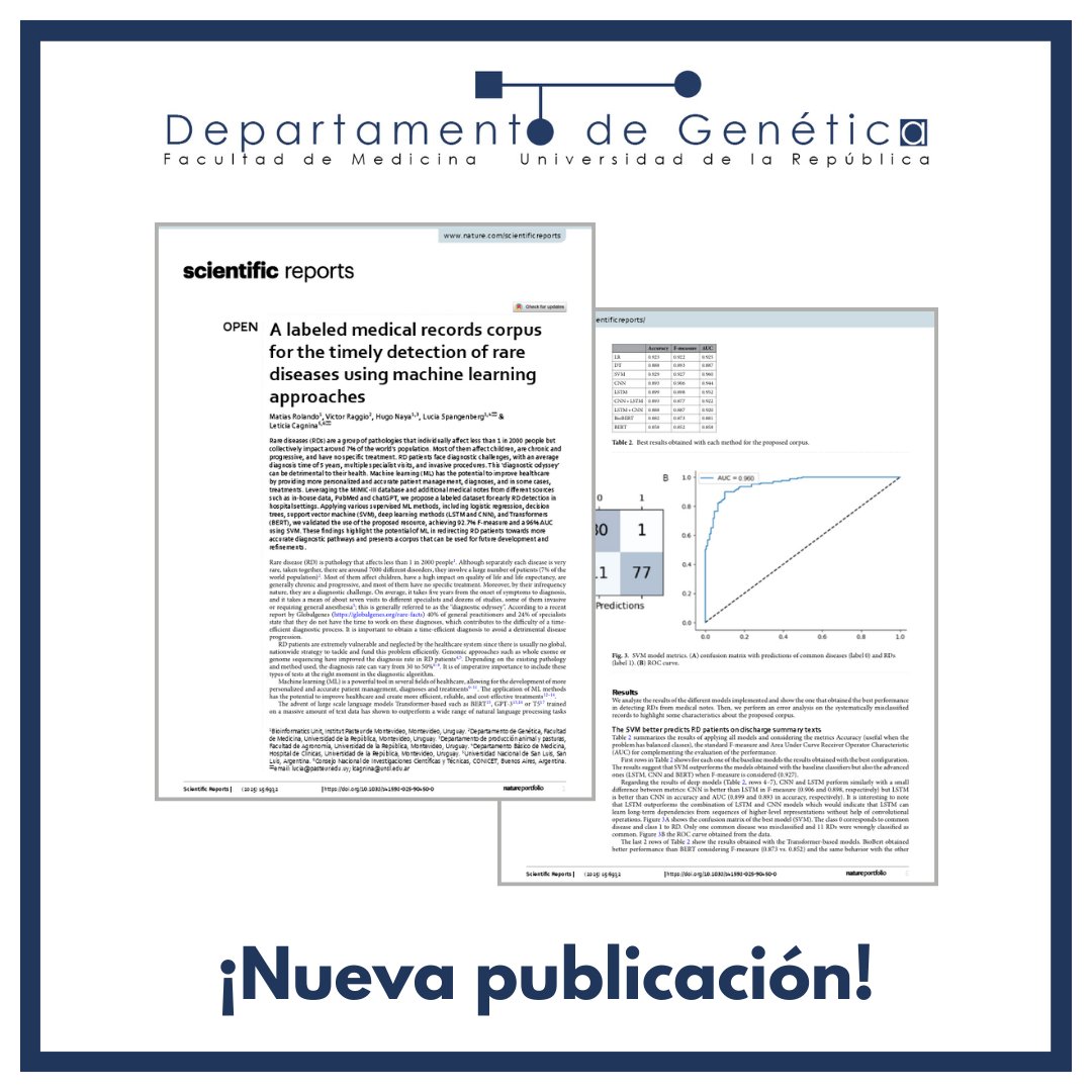 Unidad Académica de Genética (@geneticafmed) on Twitter photo ¡Nueva publicación!
"A labeled medical records corpus for the timely detection of rare diseases using machine learning approaches"
✍🏻 <a href="/vraggio/">Víctor Raggio</a>
📰 Scientific Reports
🔗 pubmed.ncbi.nlm.nih.gov/40011510/ ¡Nueva publicación!
"A labeled medical records corpus for the timely detection of rare diseases using machine learning approaches"
✍🏻 <a href="/vraggio/">Víctor Raggio</a>
📰 Scientific Reports
🔗 pubmed.ncbi.nlm.nih.gov/40011510/