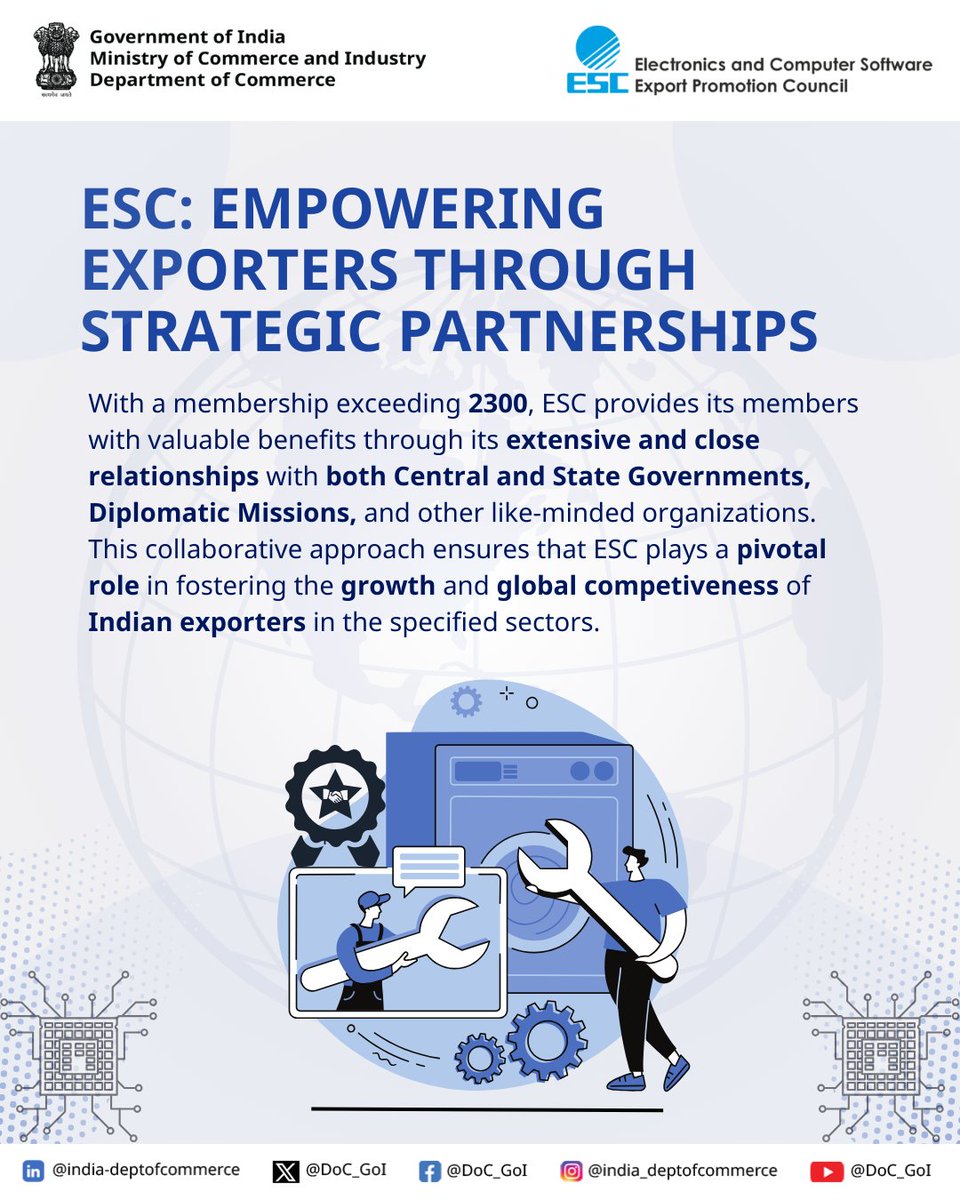 With 2,300+ members, ESC strengthens India's electronics &amp; IT trade through strategic partnerships with governments, diplomatic missions, and global organizations.

#DoC_GoI #ESC #GlobalTrade <a href="/escnewdelhi/">ESC INDIA</a>