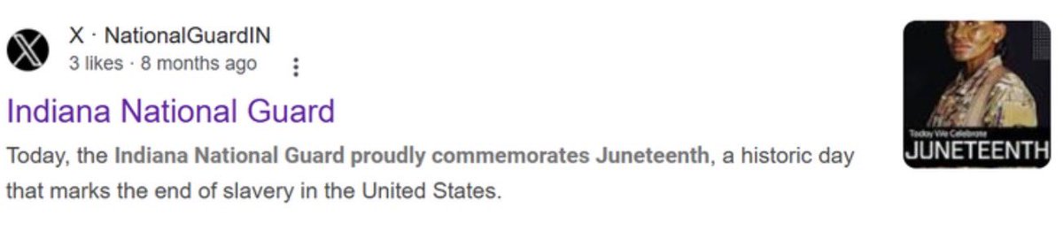 Tony Cook (@indystartony) on Twitter photo The Indiana National Guard is deleting posts celebrating Black history and women due to the Trump administration’s federal order. They include this one commemorating Juneteenth and the end of slavery. indystar.com/story/news/pol… via <a href="/hayleighcolombo/">Hayleigh Colombo</a> The Indiana National Guard is deleting posts celebrating Black history and women due to the Trump administration’s federal order. They include this one commemorating Juneteenth and the end of slavery. indystar.com/story/news/pol… via <a href="/hayleighcolombo/">Hayleigh Colombo</a>