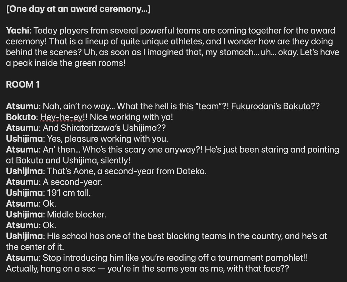 TrianaNero's tweet image. Haikyuu characters in the green rooms: translation of the short scenes that seiyuu recited at the Next Step event! Please purchase the stream and watch it to experience this in its full glory, it's x819 funnier with the voices x) 
Room 1: Atsumu, Bokuto, Ushijima, Aone