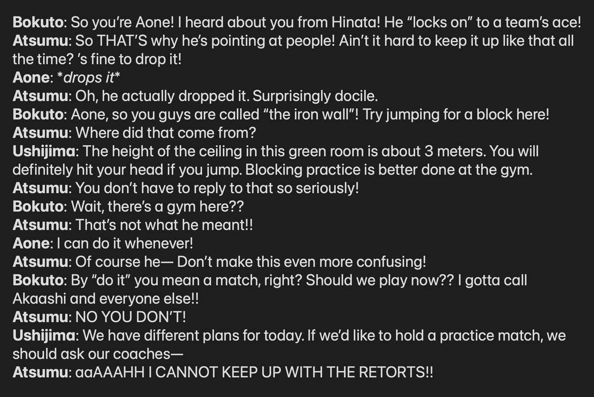 TrianaNero's tweet image. Haikyuu characters in the green rooms: translation of the short scenes that seiyuu recited at the Next Step event! Please purchase the stream and watch it to experience this in its full glory, it's x819 funnier with the voices x) 
Room 1: Atsumu, Bokuto, Ushijima, Aone