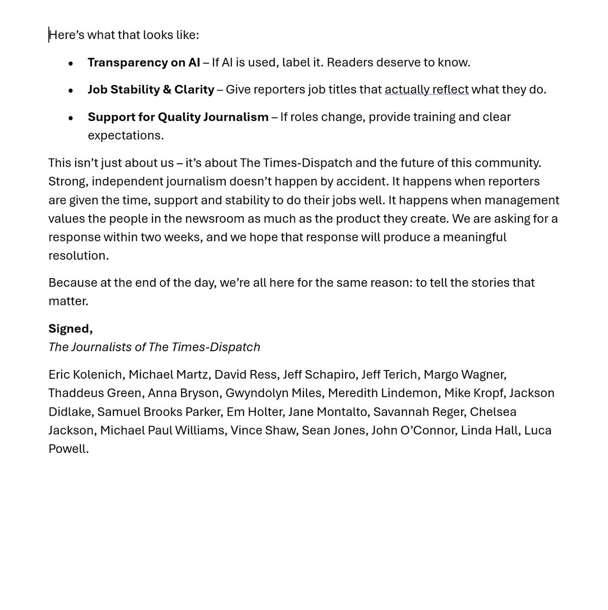 The RNPA has been bargaining with Lee Enterprises since the fall. Among the requests the guild has made is for any content created by AI to be labeled. We believe transparency is critical in the work we do. This week, we delivered this open letter to Lee editors and leaders: