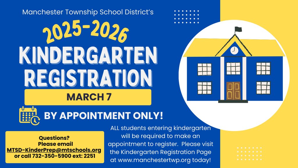 MTSD 2025-26 kindergarten registration &amp; mandatory screening appointments will open tomorrow, March 7 at NOON. Families wishing to register students are required to make an in-person appointment if they did not do so at Kinderprep. Please visit ManchesterTwp.org for details