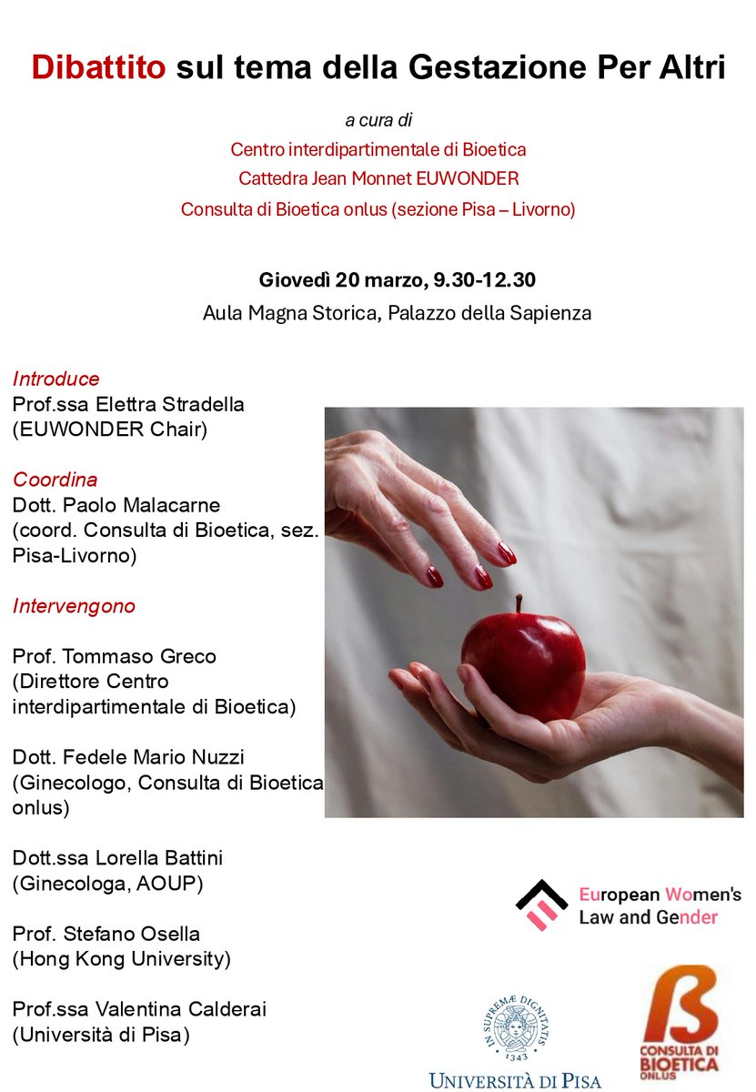 GESTAZIONE PER ALTRI_Dibattito! 

Giovedì 20 marzo, 9.30-12.30
Palazzo della Sapienza (Pisa)

Importante momento di confronto su un tema di grande attualità! Non perdere l'occasione di partecipare al dibattito

#Gender #sexuality #GPA #Surrogacy