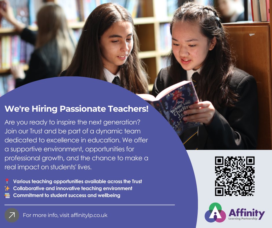 We're Hiring Passionate Teachers! 
📍 Various teaching opportunities available across the Trust
✨ Collaborative and innovative teaching environment
📚 Commitment to student success and wellbeing
affinitylp.co.uk/125/current-va…
#TeachingJobs #Education #NowHiring