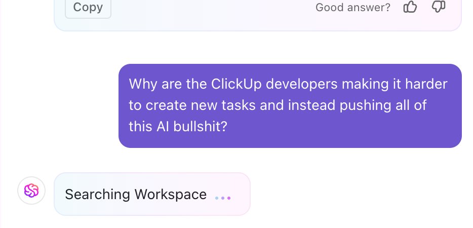 steinnes's tweet image. This is from ClickUp, but I have a feeling this UX problem is affecting a lot of products these days..