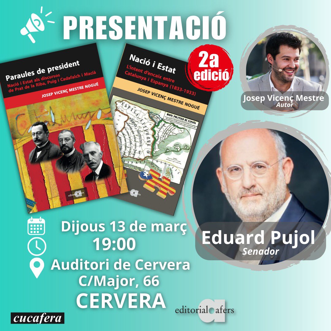 Josep Vicenç Mestre Nogué (@jvmestrenogue) on Twitter photo 📣<a href="/PujolBonell/">Eduard Pujol i Bonell 🎗</a> a CERVERA!
🗓️ Dijous 13 de març
⏰ 19:00
📍 Auditori Municipal
maps.app.goo.gl/pJU5aJoNMEW9xJ…
Gràcies <a href="/ramonaugegene/">Ramon Augé Gené</a> i <a href="/marti_beleta/">Martí Beleta</a> per fer-ho possible a la ciutat on es va crear la Diputació del General el 1359, <a href="/paeriacervera/">Paeria de Cervera</a>
En ruta per la 2a edició <a href="/editorialafers/">editorial afers</a> 📣<a href="/PujolBonell/">Eduard Pujol i Bonell 🎗</a> a CERVERA!
🗓️ Dijous 13 de març
⏰ 19:00
📍 Auditori Municipal
maps.app.goo.gl/pJU5aJoNMEW9xJ…
Gràcies <a href="/ramonaugegene/">Ramon Augé Gené</a> i <a href="/marti_beleta/">Martí Beleta</a> per fer-ho possible a la ciutat on es va crear la Diputació del General el 1359, <a href="/paeriacervera/">Paeria de Cervera</a>
En ruta per la 2a edició <a href="/editorialafers/">editorial afers</a>