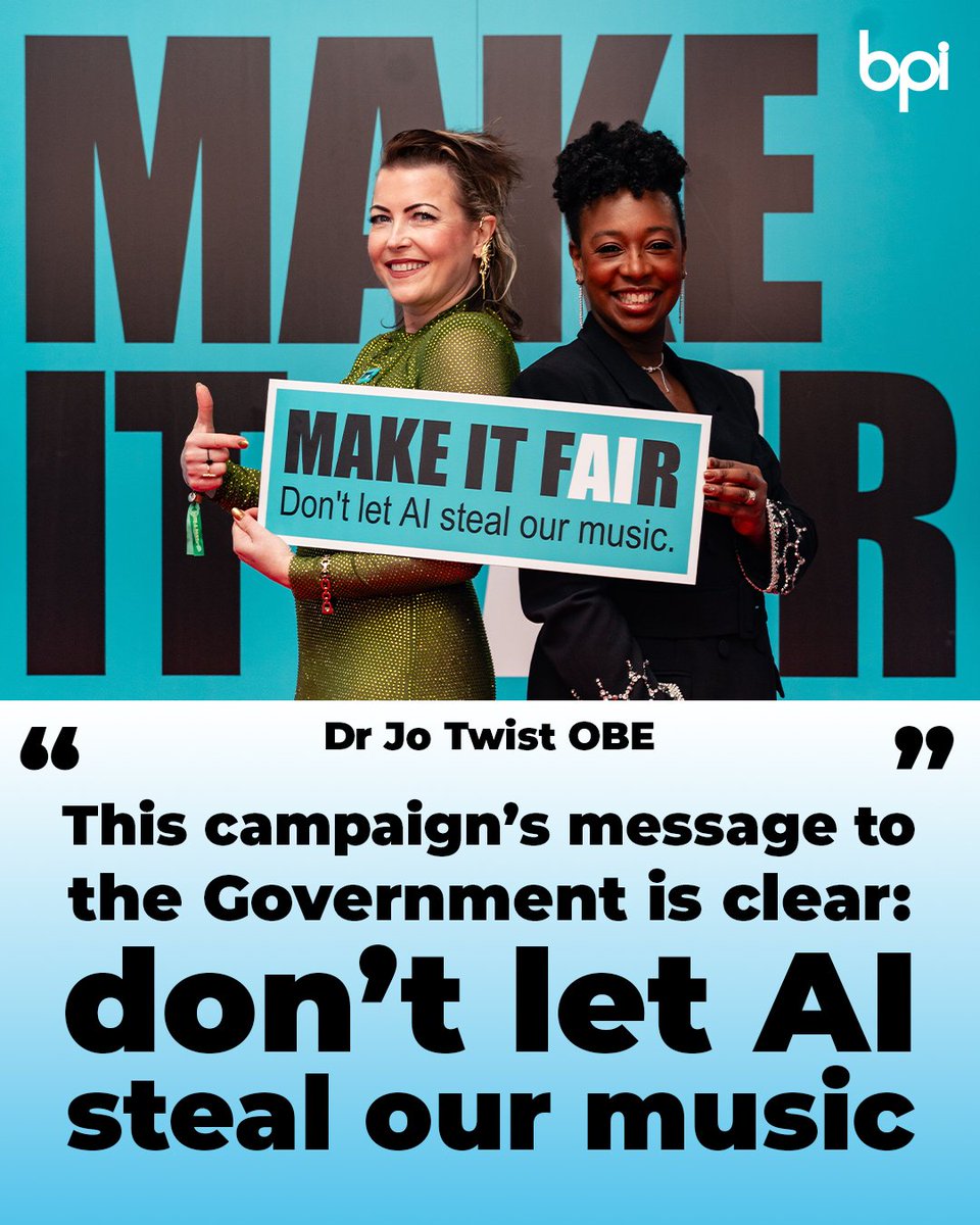 BPI (@bpi_music) on Twitter photo What a weekend for the 'Make It Fair' campaign 🙌
BPI CEO Dr Jo Twist OBE reflects on the seismic <a href="/BRITs/">BRIT Awards</a> moment which saw artists and <a href="/TheBRITSchool/">BRIT School</a> students unite behind the 'Make It Fair' campaign🤝
Don't let AI steal our music.
More info: bpi.co.uk/news-analysis/…
1/2 What a weekend for the 'Make It Fair' campaign 🙌
BPI CEO Dr Jo Twist OBE reflects on the seismic <a href="/BRITs/">BRIT Awards</a> moment which saw artists and <a href="/TheBRITSchool/">BRIT School</a> students unite behind the 'Make It Fair' campaign🤝
Don't let AI steal our music.
More info: bpi.co.uk/news-analysis/…
1/2
