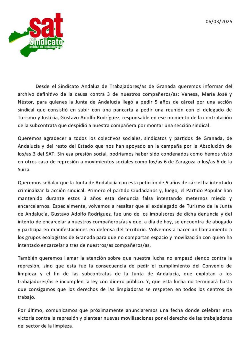 NestorAndalucia's tweet photo. ¡Victoriaa! la Junta de Andalucia nos pedía 5 años de cárcel por una acción sindical y tras 3 años luchando contra este montaje logramos el archivo definitivo gracias a la presión social de colectivos, sindicatos y partidos. Contra la represión unidad y lucha obrera 👇👇 https://t.co/49SGvblNtx
