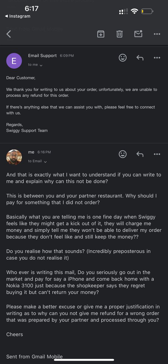 digvj94's tweet photo. Hi @Swiggy @SwiggyCares !
Turns out your customer care loves to talk. Let’s do it on a public forum then!
I was sent the wrong order. Your support team closes my issue without addressing it and keeps sending me the same mail on loop. https://t.co/FsB6raqLHP