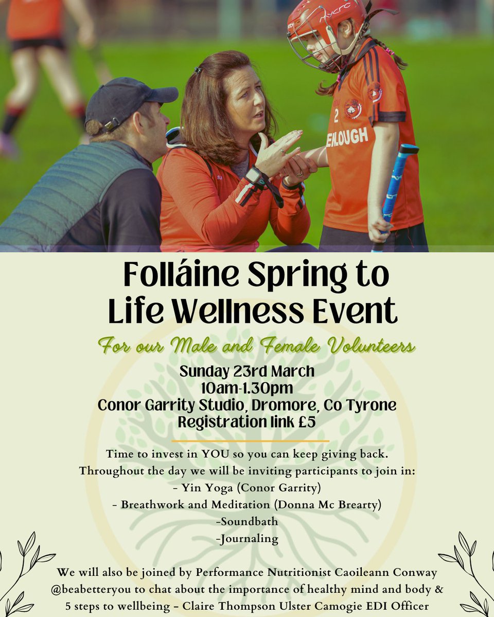 Folláine Spring to Life Wellness Event for Male and Female Volunteers 🌳

Sunday 23rd March 2025 📅
10am-1.30pm 🕘
Conor Garrity Studio, Dromore, Co Tyrone 📍

Time to invest in YOU so you can keep giving back 
Register your space here  ➡️ universe.com/events/follain…