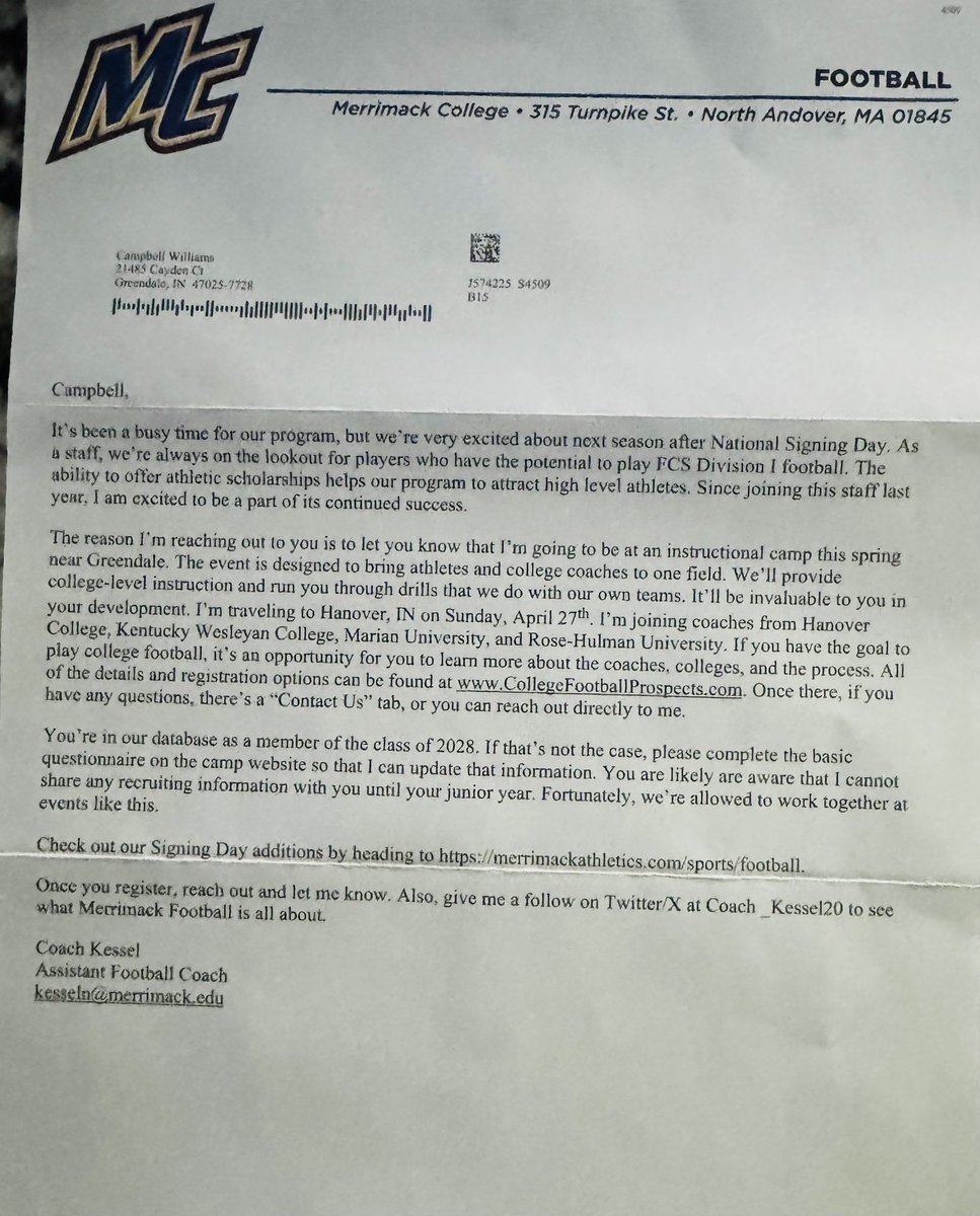 Received my first football invite letter from the <a href="/Merrimack_FB/">Merrimack Football</a> staff.  Thanks for inviting me to your summer camps
<a href="/Coach_Kessel20/">Nik Kessel</a> 
<a href="/CoachGennettiMC/">Mike Gennetti</a>