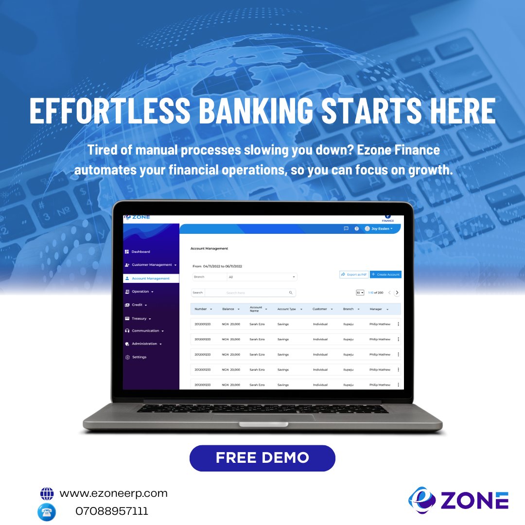 optisoftng's tweet photo. 🚀 Power Up Your Banking with Ezone Finance!

Say goodbye to inefficiencies &amp; security risks—Ezone Finance automates operations, ensures compliance &amp; scales with your growth.

✔ Faster transactions ⚡
✔ Smarter insights 📊
✔ Future-ready banking 🔗
Upgrade today! #EzoneFinance https://t.co/22R4JH8Wbx
