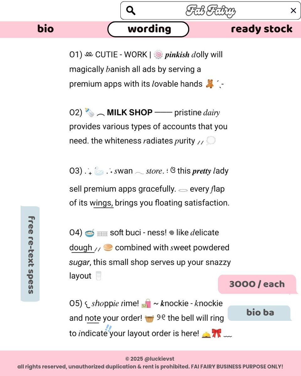 luckievst's tweet image. ♡ HELP REPOST, PLEASE? THANK YOU!

haii fai sudah lama ga re-stock bio wording rs, hari ini aku sudah ready lagi yaa bio wording ready stock for ba! stock 5 only. price 3OOO / each! bisa sung kamu take di dm aku! yuk jajan teman2! maacih banyak &amp;lt;3

#zonauang #zonaba #zonajajan