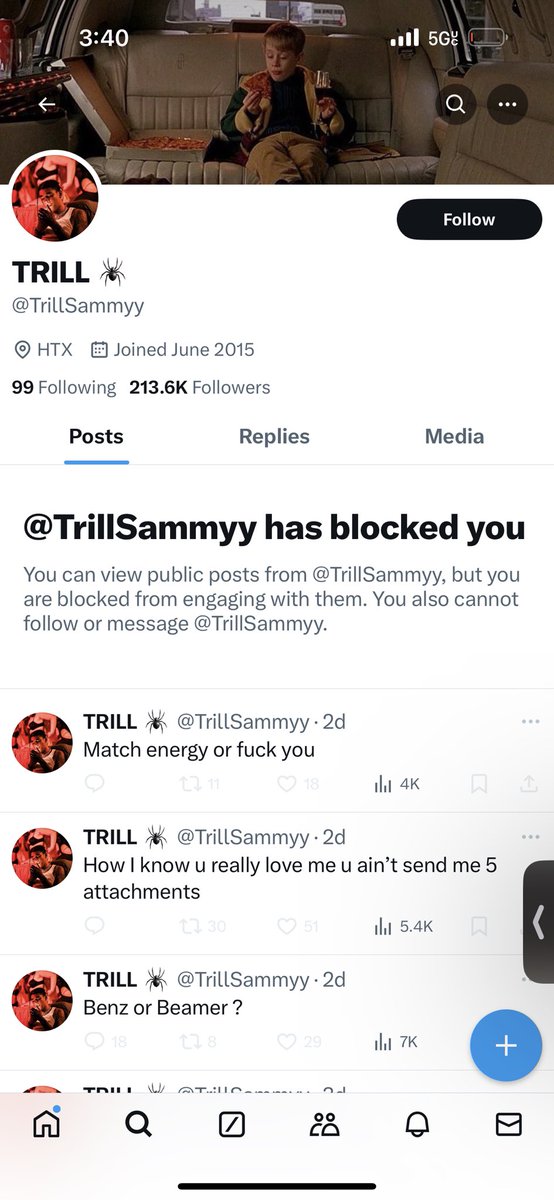 Damn <a href="/TrillSammyy/">TRILL 🕷</a> blocked me because I didn’t respond to his message in enough time 🤧 🥷’s still do this?