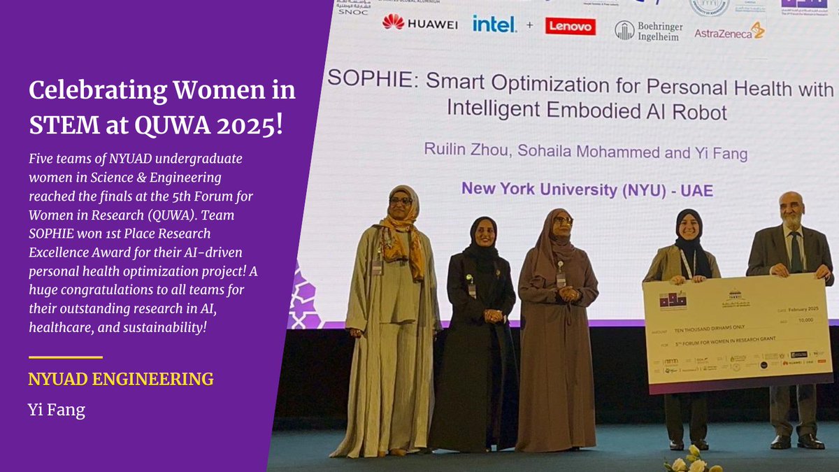 NYUAD Engineering (@nyuadeng) on Twitter photo Congratulations to our <a href="/NYUAbuDhabi/">NYU Abu Dhabi</a> students for their outstanding performance at the 5th Forum for Women in Research (QUWA)! 📷 Special shoutout to Team SOPHIE for winning 1st place in Research Excellence!
#WomenInSTEM #AI #Innovation #NYUAD Congratulations to our <a href="/NYUAbuDhabi/">NYU Abu Dhabi</a> students for their outstanding performance at the 5th Forum for Women in Research (QUWA)! 📷 Special shoutout to Team SOPHIE for winning 1st place in Research Excellence!
#WomenInSTEM #AI #Innovation #NYUAD