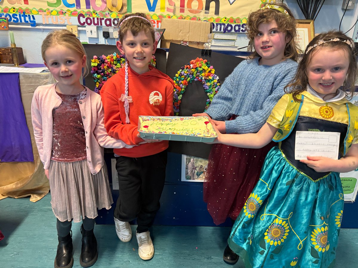 catherines_e's tweet photo. What fun we had yesterday celebrating the school's 50 year anniversay!  We had a lovely celebration learning about The National School and how St Catherine's came into being, met the mayor and had party games.  Each child wrote a postcard of what they love about school. https://t.co/lmrMtnDlB0